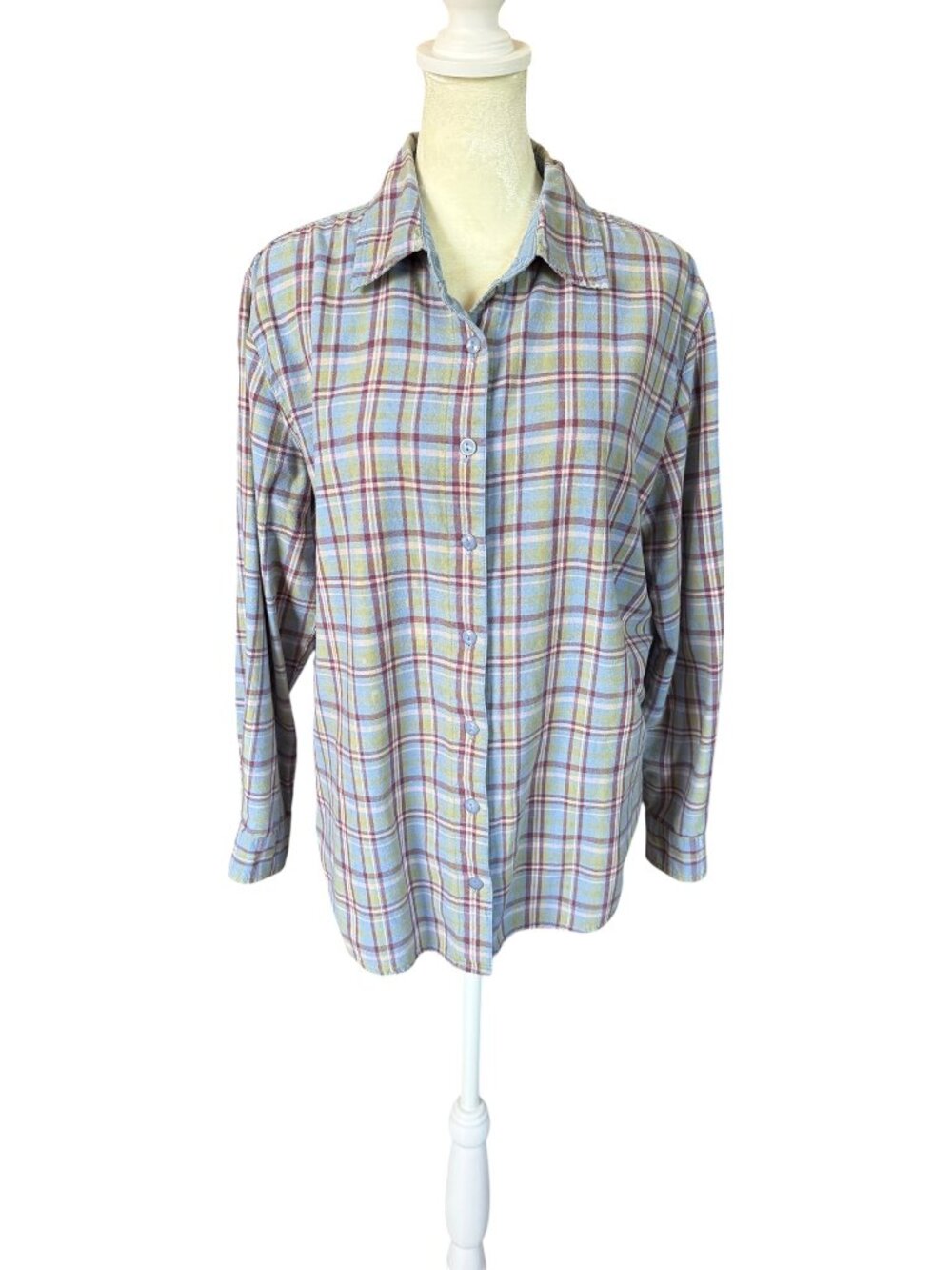 Christopher & Banks blue green plaid long sleeve collared button down shirt